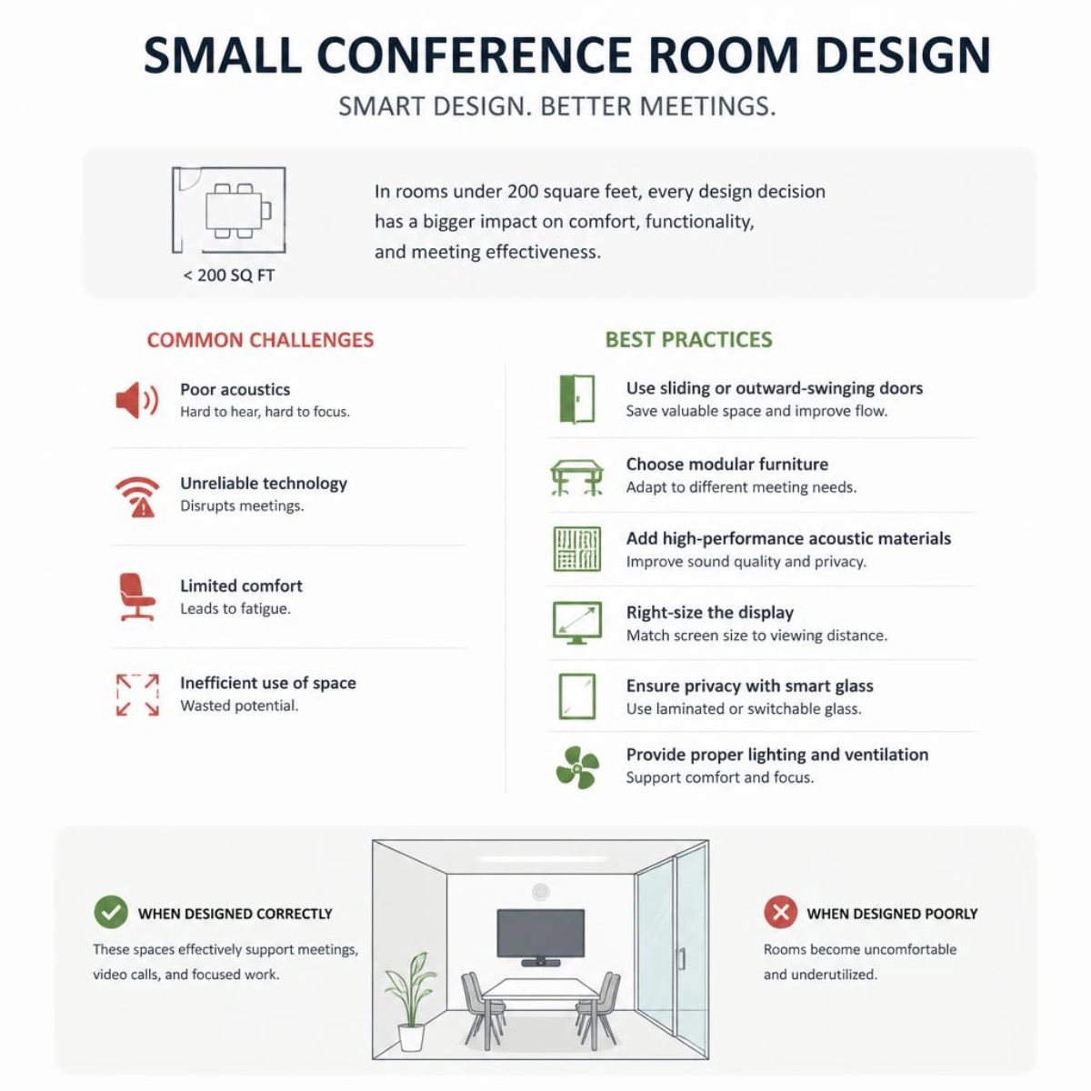 Small conference room design infographic with space-saving office interior design best practices.